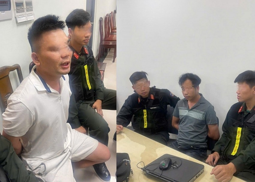 Hai Đối tượng Hà Quang Sơn (bìa trái) và Hoàng Văn Đông (thứ 2 từ phải sang) bị lực lượng chức năng bắt giữ.. Ảnh: Công an tỉnh Quảng Ninh