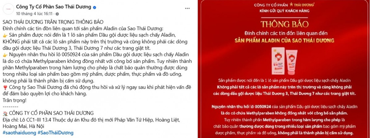 Thu hồi trên toàn quốc lô dầu gội dược liệu sạch chấy Aladin của Công ty cổ phần Sao Thái Dương