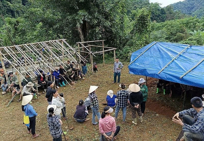 Chính quyền cùng nhân dân dựng lều tạm để di dời những hộ dân nằm trong nguy cơ sạt lở cao đến nơi ở an toàn tránh bão.
